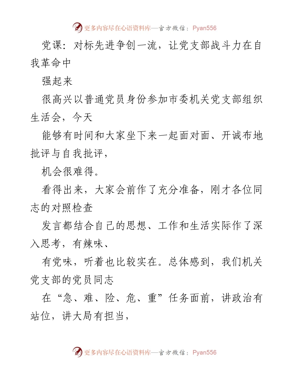 [发言] 党支部组织生活会 - 对标先进，争创一流，提升党支部战斗力.docx_第1页