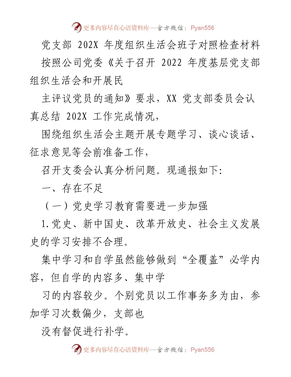 [发言] 党支部组织生活会 - 202X年度党支部组织生活会对照检查总结.docx_第1页