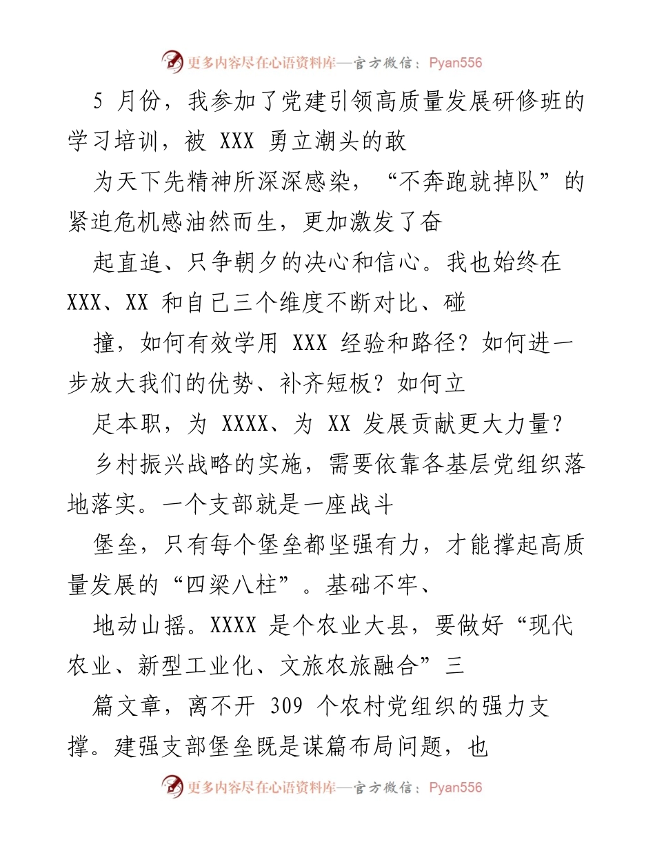 [发言] 党建引领高质量发展研修班 - 强化农村党组织，助力乡村振兴.docx_第1页