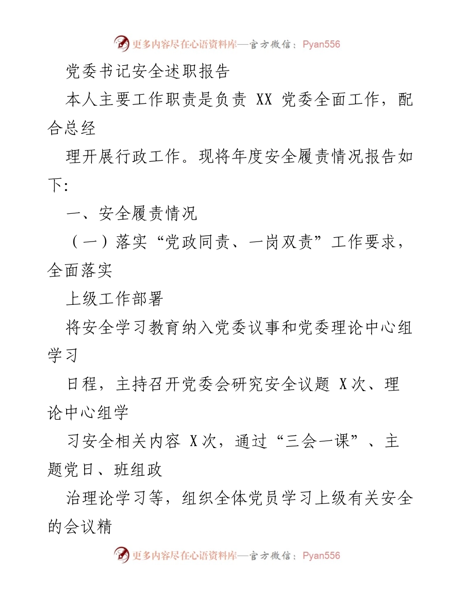 [发言] 党委安全工作会议 - 党委书记年度安全履责述职报告.docx_第1页