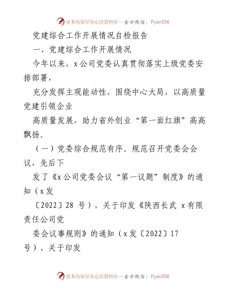 [发言] 党建工作总结 - 党建综合工作开展情况自检报告_1.docx_第1页