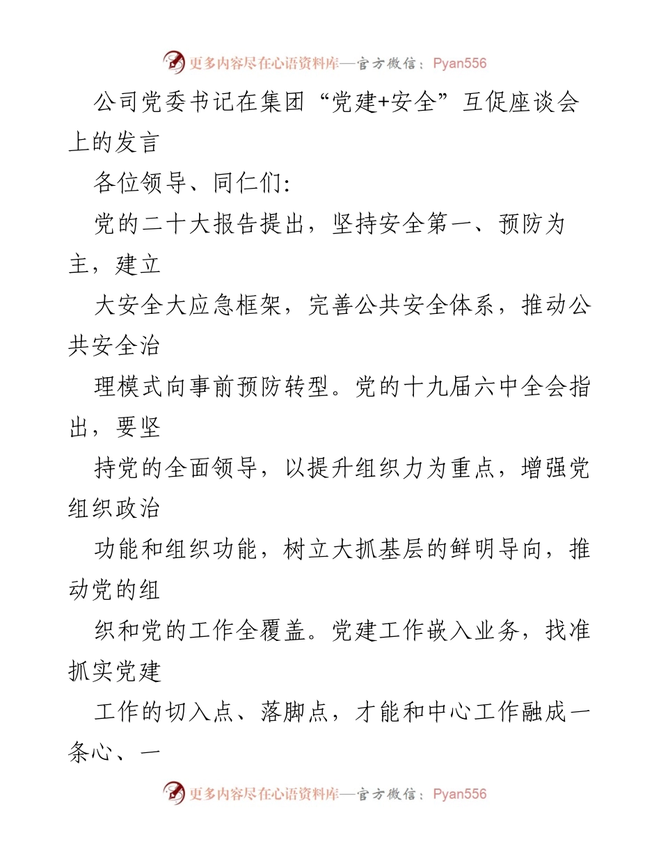 [发言] 党建与安全座谈会 - 党建引领安全生产，推动企业高质量发展.docx_第1页