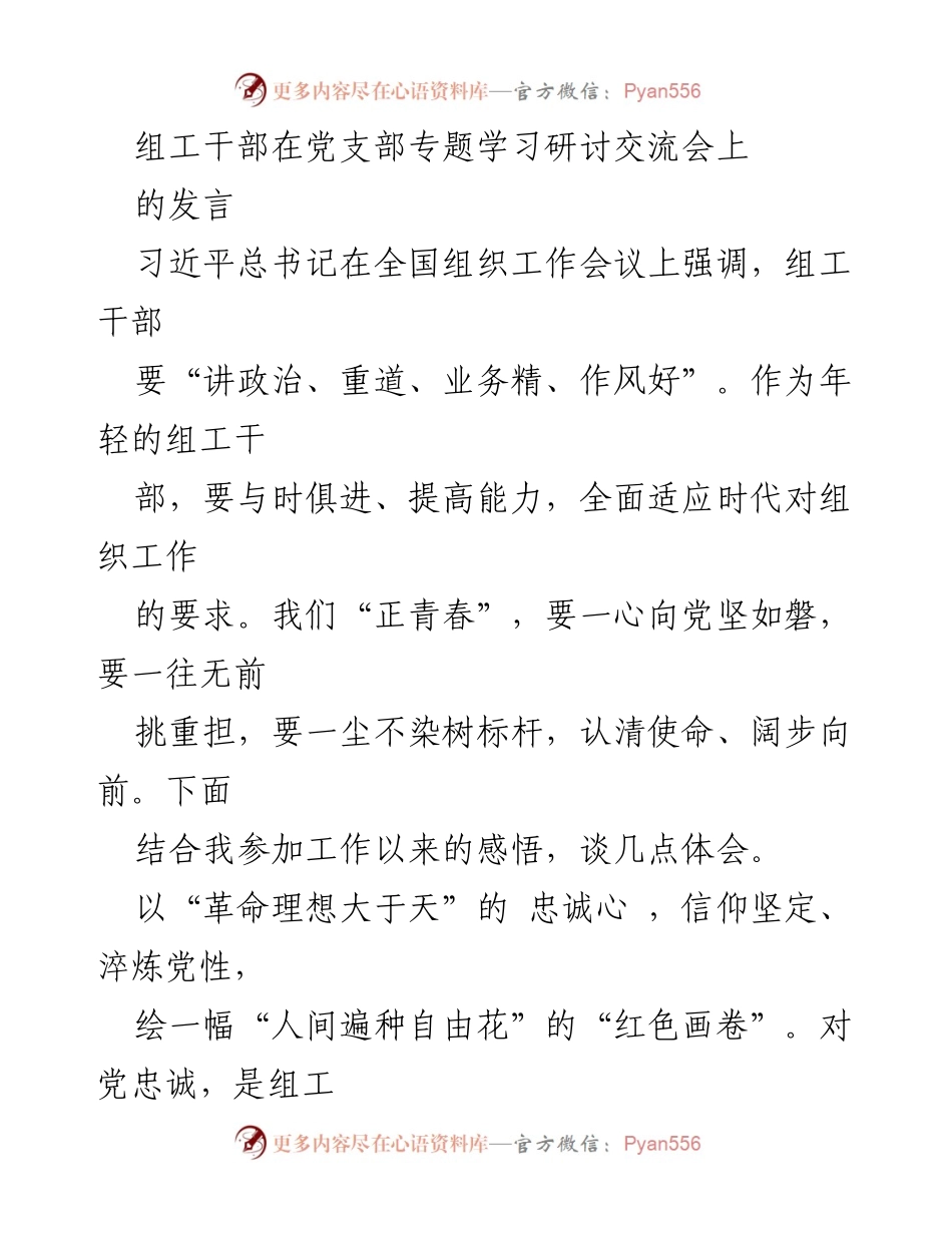 [发言] 党支部专题学习研讨交流会 - 青年组工干部的使命与担当.docx_第1页