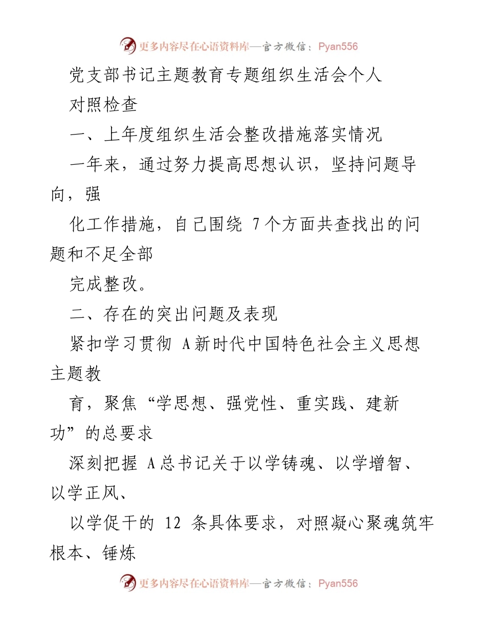 [发言] 党支部书记主题教育专题组织生活会 - 个人对照检查与整改措施总结_2.docx_第1页