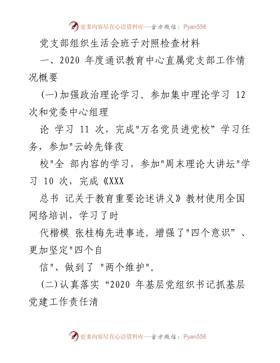 [发言] 党支部组织生活会 - 2020年度党支部工作总结与反思.docx_第1页