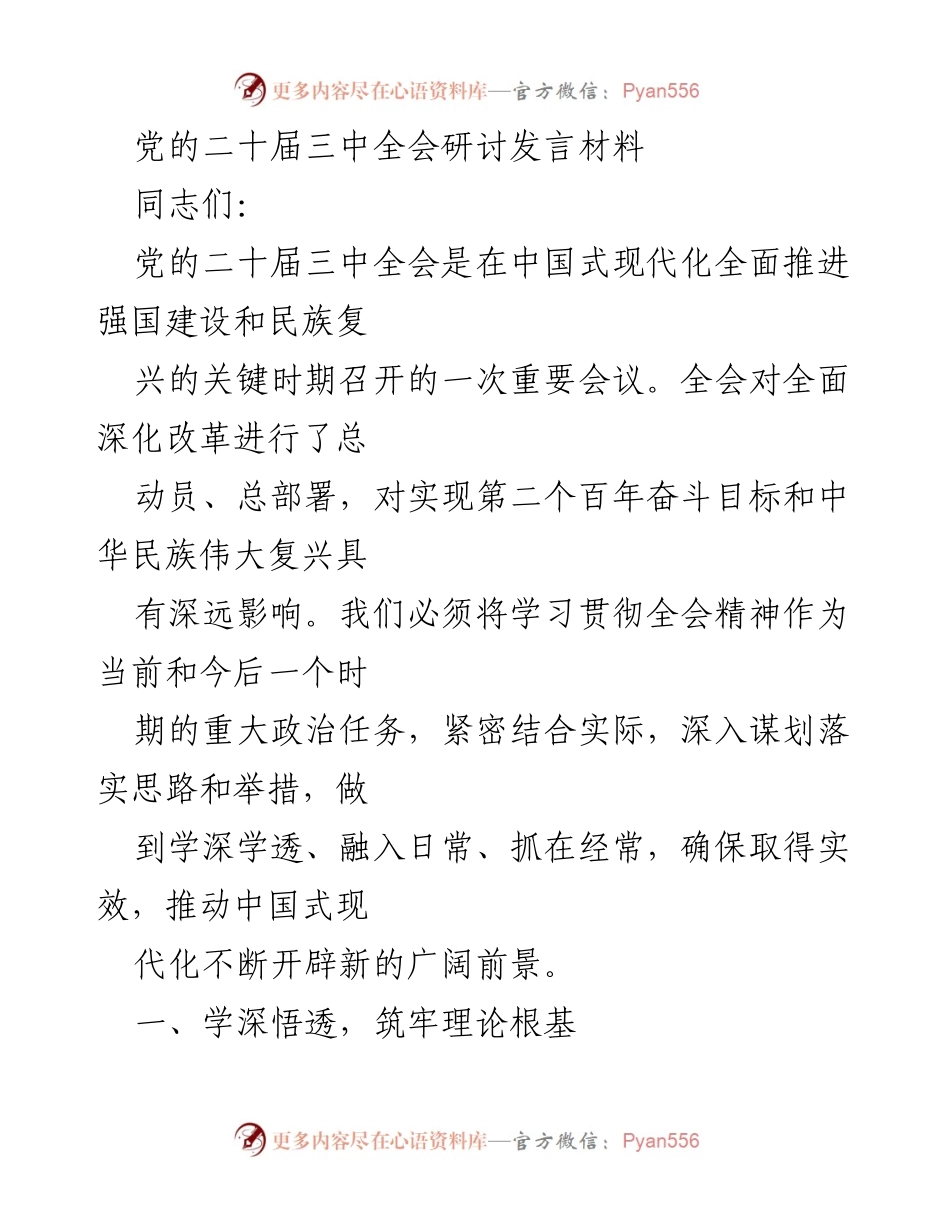 [发言] 党的二十届三中全会 - 深入学习贯彻党的二十届三中全会精神，推动中国式现代化.docx_第1页