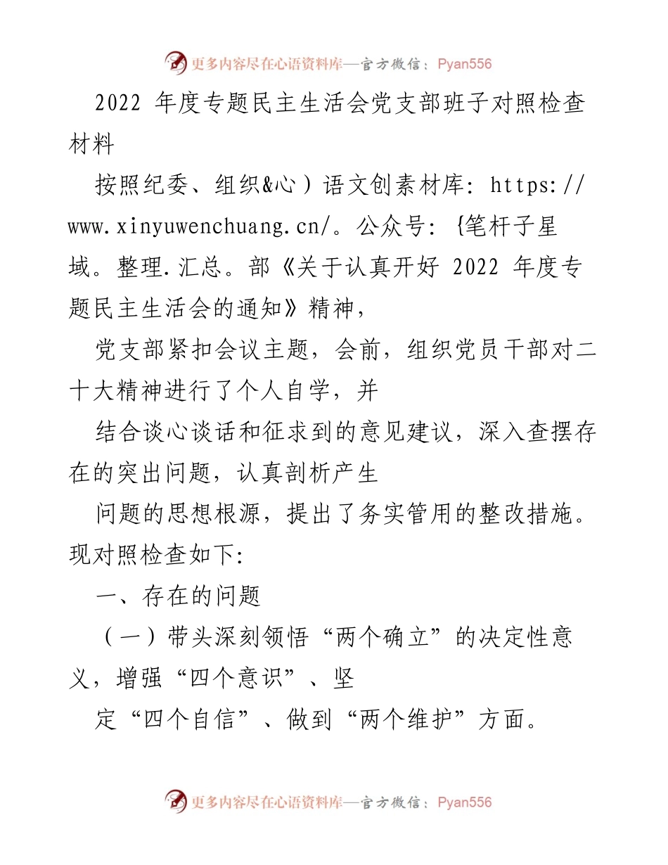 [发言] 党支部年度民主生活会 - 2022年度专题民主生活会对照检查材料总结.docx_第1页