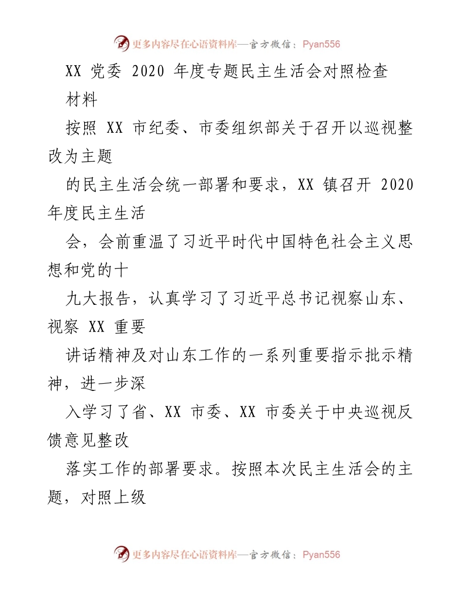 [发言] 党委民主生活会 - 2020年度专题民主生活会对照检查报告.docx_第1页