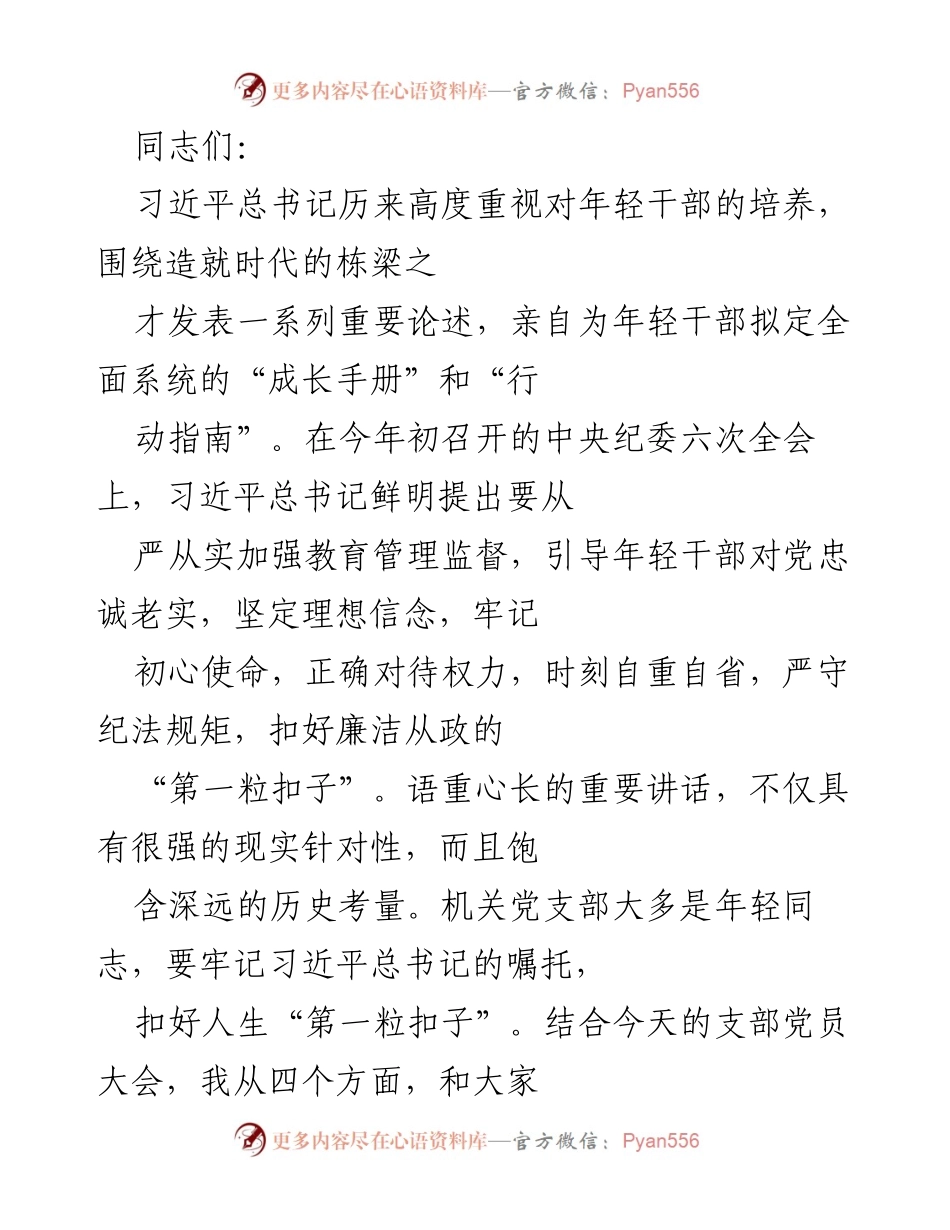 [发言] 党支部党员大会 - 加强年轻干部教育管理监督的重要性.docx_第1页