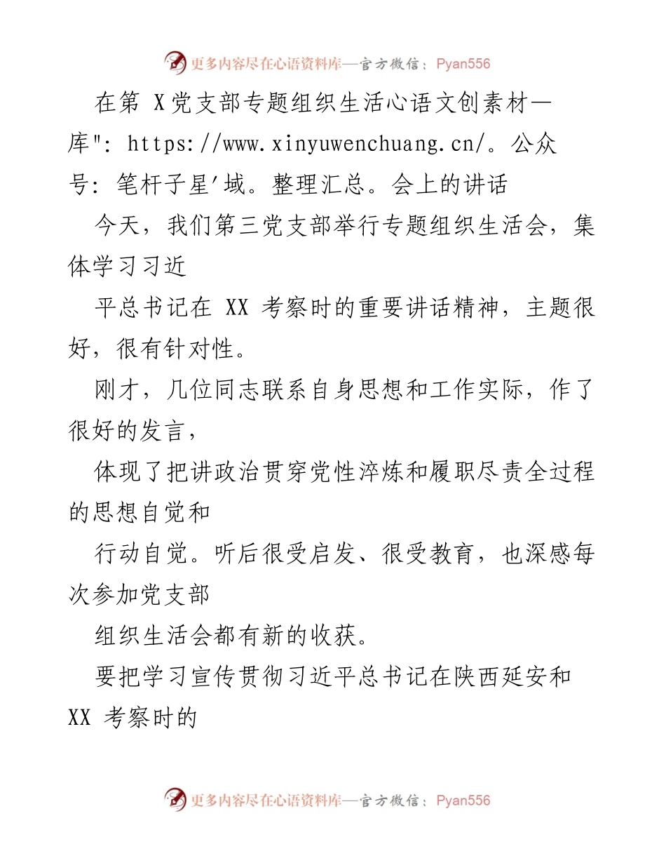 [发言] 党支部专题组织生活会 - 深入学习贯彻习近平总书记重要讲话精神的体会与行动建议.docx_第1页