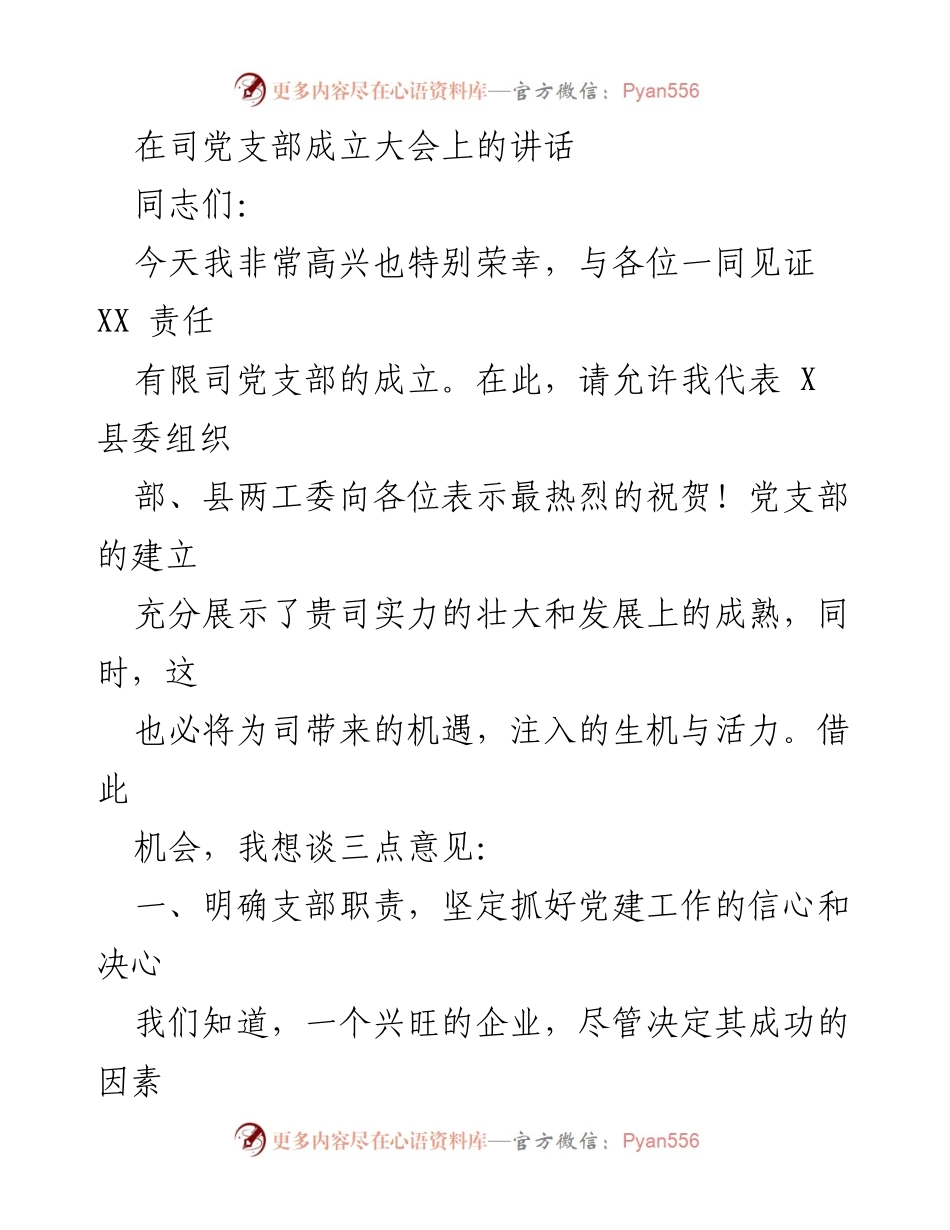 [发言] 党支部成立大会 - 党建工作的重要性与企业发展关系.docx_第1页