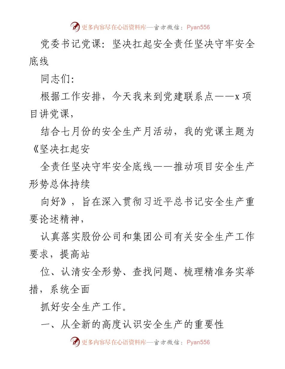 [发言] 党建活动 - 坚决扛起安全责任，守牢安全底线_1.docx_第1页