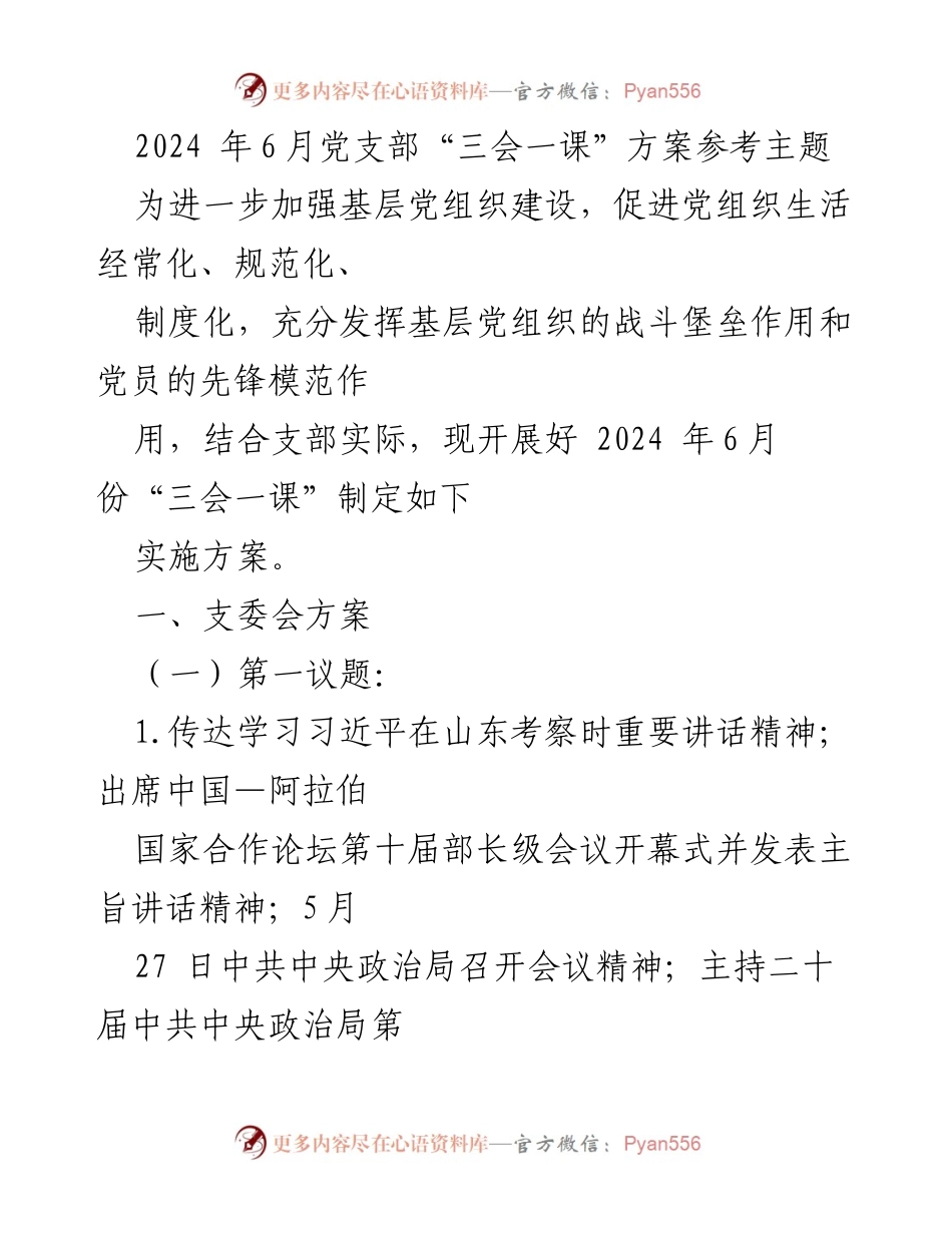 [发言] 党支部会议 - 2024年6月党支部“三会一课”实施方案解读_1.docx_第1页