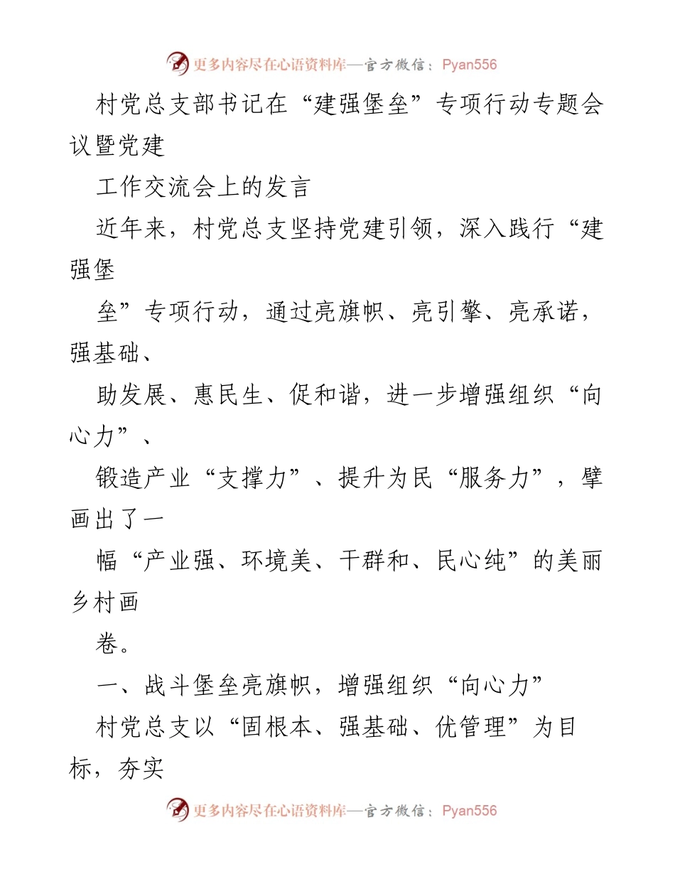 [发言] 党建工作交流会 - 村党总支书记在“建强堡垒”专项行动会议上的发言.docx_第1页