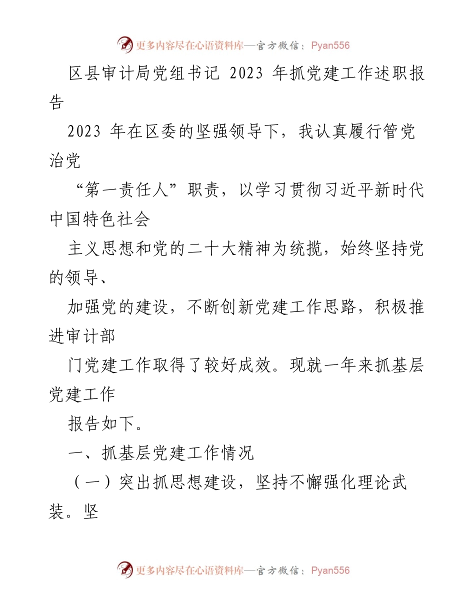 [发言] 党建工作述职 - 2023年区县审计局党建工作述职报告.docx_第1页