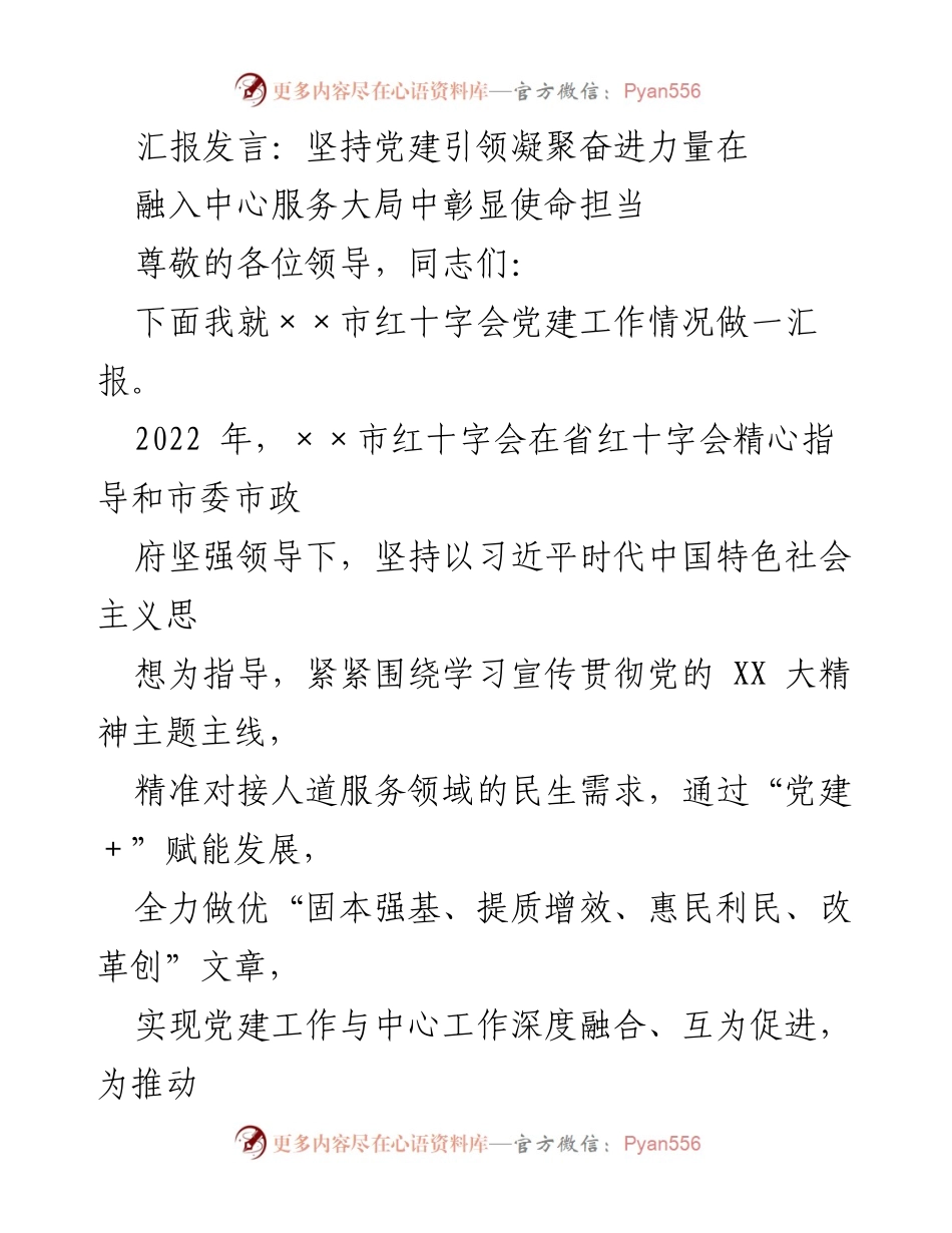 [发言] 党建工作汇报 - 坚持党建引领，服务大局，推动红十字事业高质量发展.docx_第1页