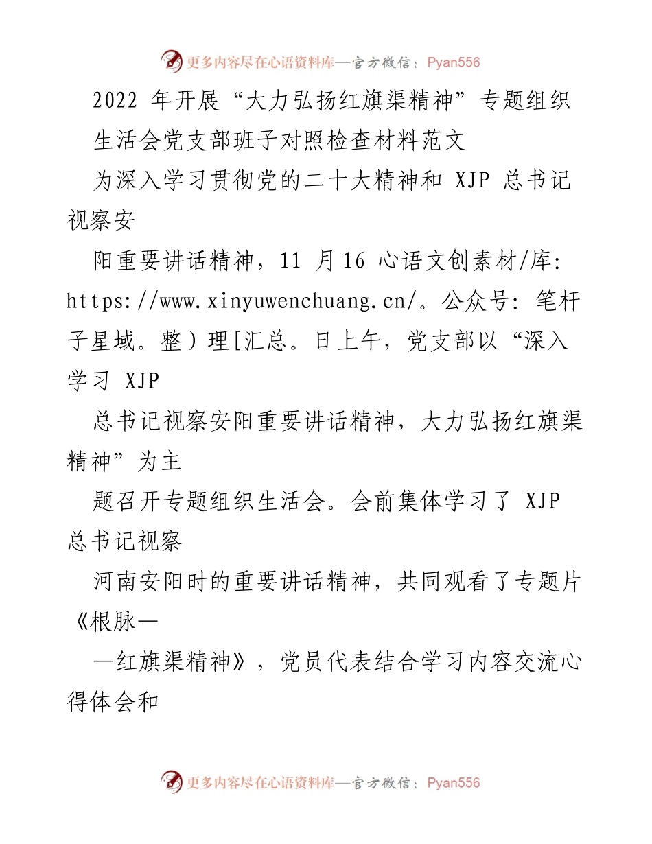 [发言] 党支部专题组织生活会 - 深入学习贯彻党的二十大精神，弘扬红旗渠精神.docx_第1页