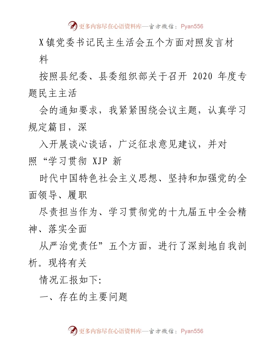 [发言] 党委民主生活会 - X镇党委书记年度民主生活会对照发言材料分析.docx_第1页