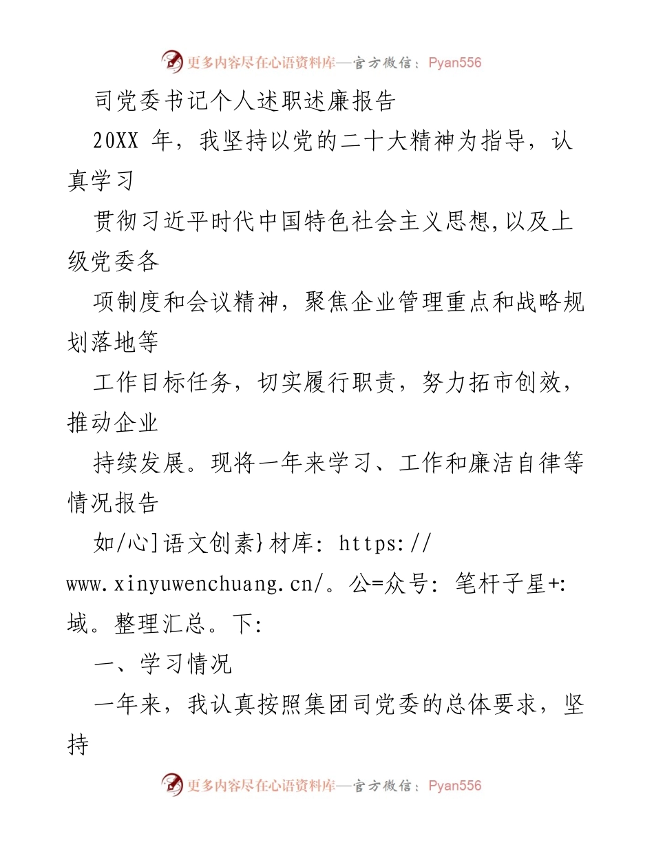 [发言] 党委书记述职 - 20XX年党委书记个人述职述廉报告.docx_第1页