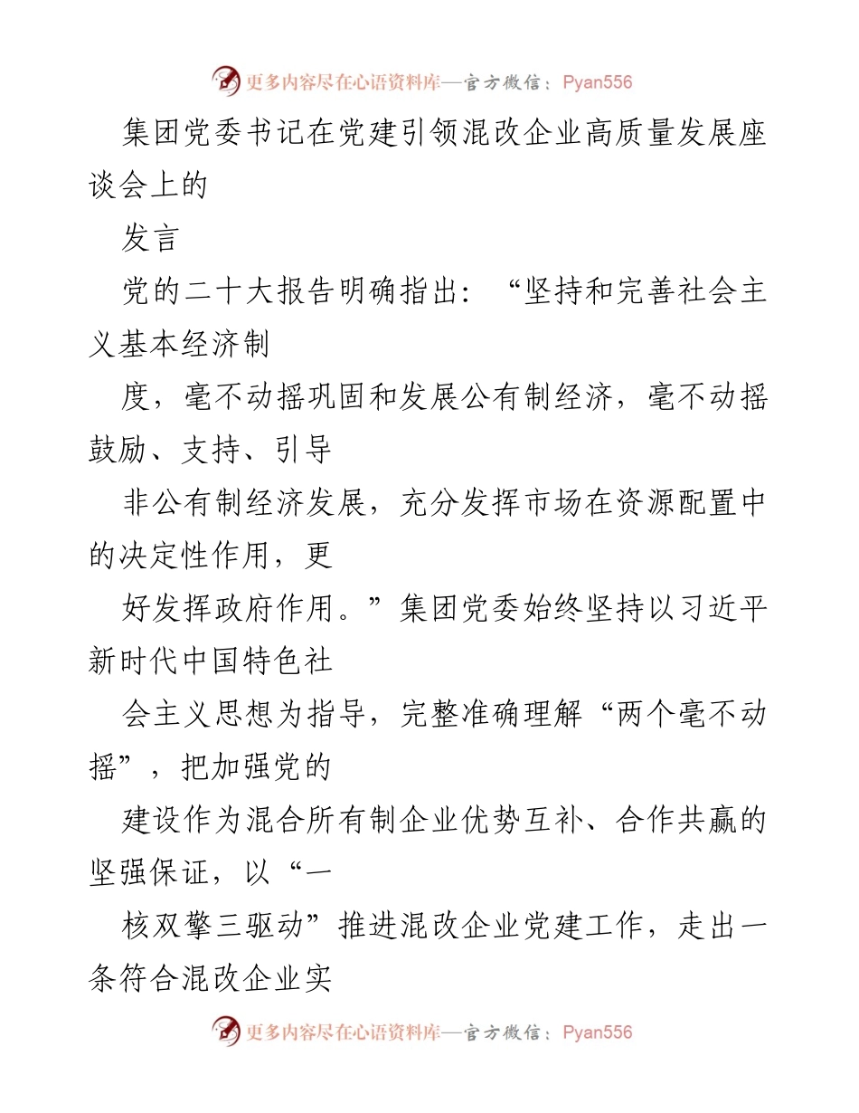 [发言] 党建引领混改企业高质量发展座谈会 - 深化党建引领，推动混改企业高质量发展.docx_第1页