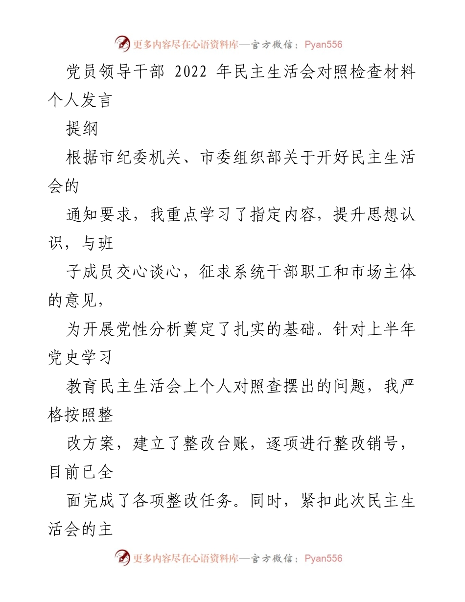 [发言] 党员领导干部民主生活会 - 党员领导干部对照检查材料发言总结.docx_第1页