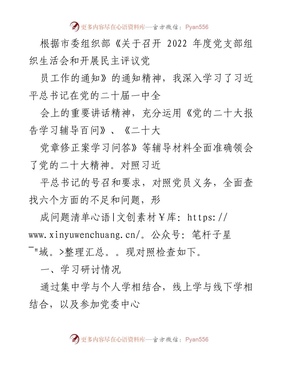 [发言] 党支部组织生活会 - 深入学习党的二十大精神，查找不足与问题.docx_第1页