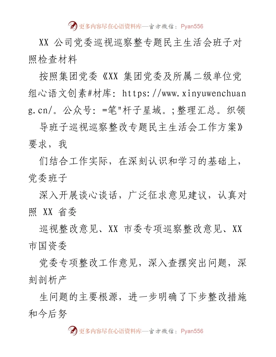 [发言] 党委巡视巡察整改专题民主生活会 - XX 公司党委巡视整改对照检查报告.docx_第1页