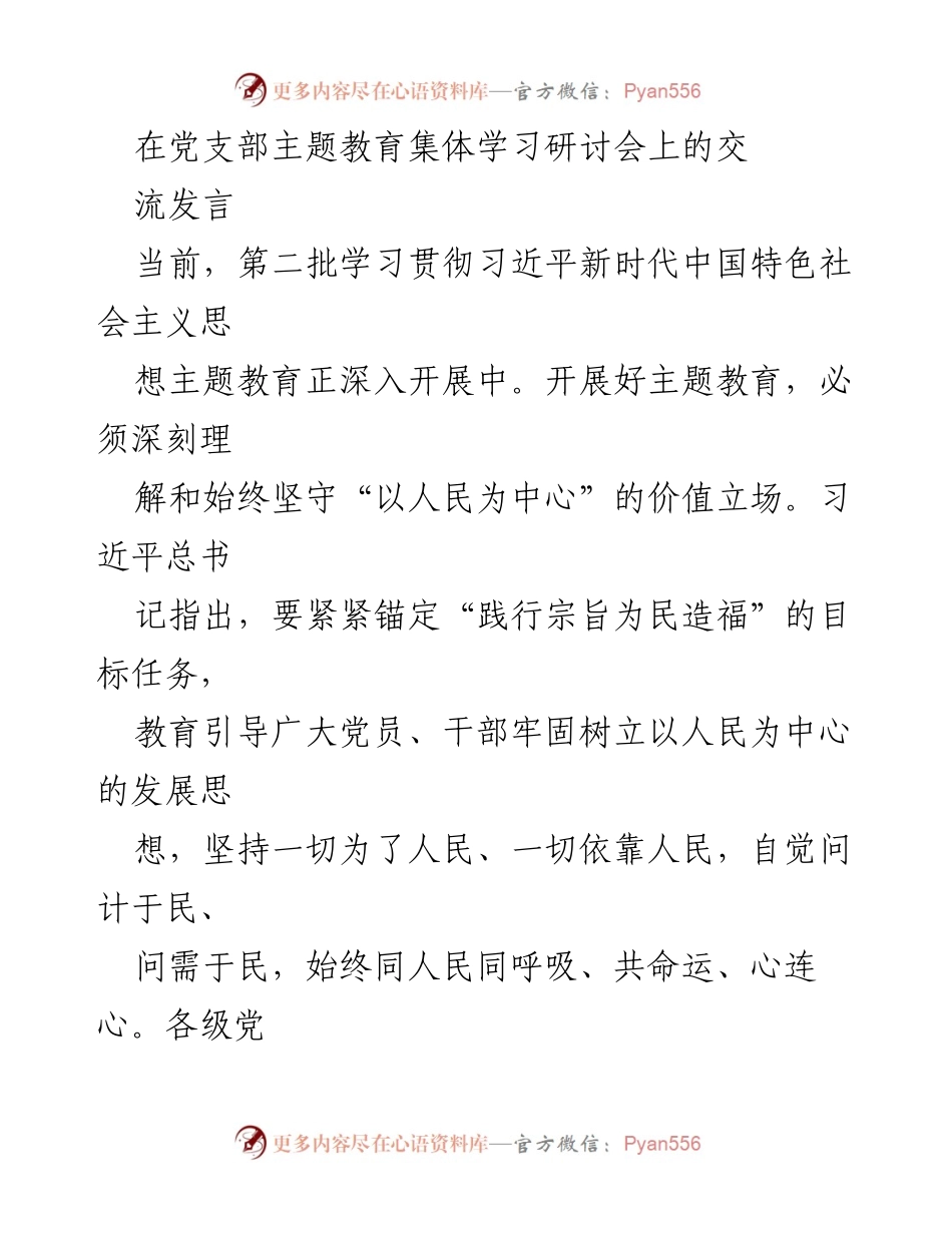 [发言] 党支部主题教育集体学习研讨会 - 坚持以人民为中心，深化主题教育的重要性.docx_第1页