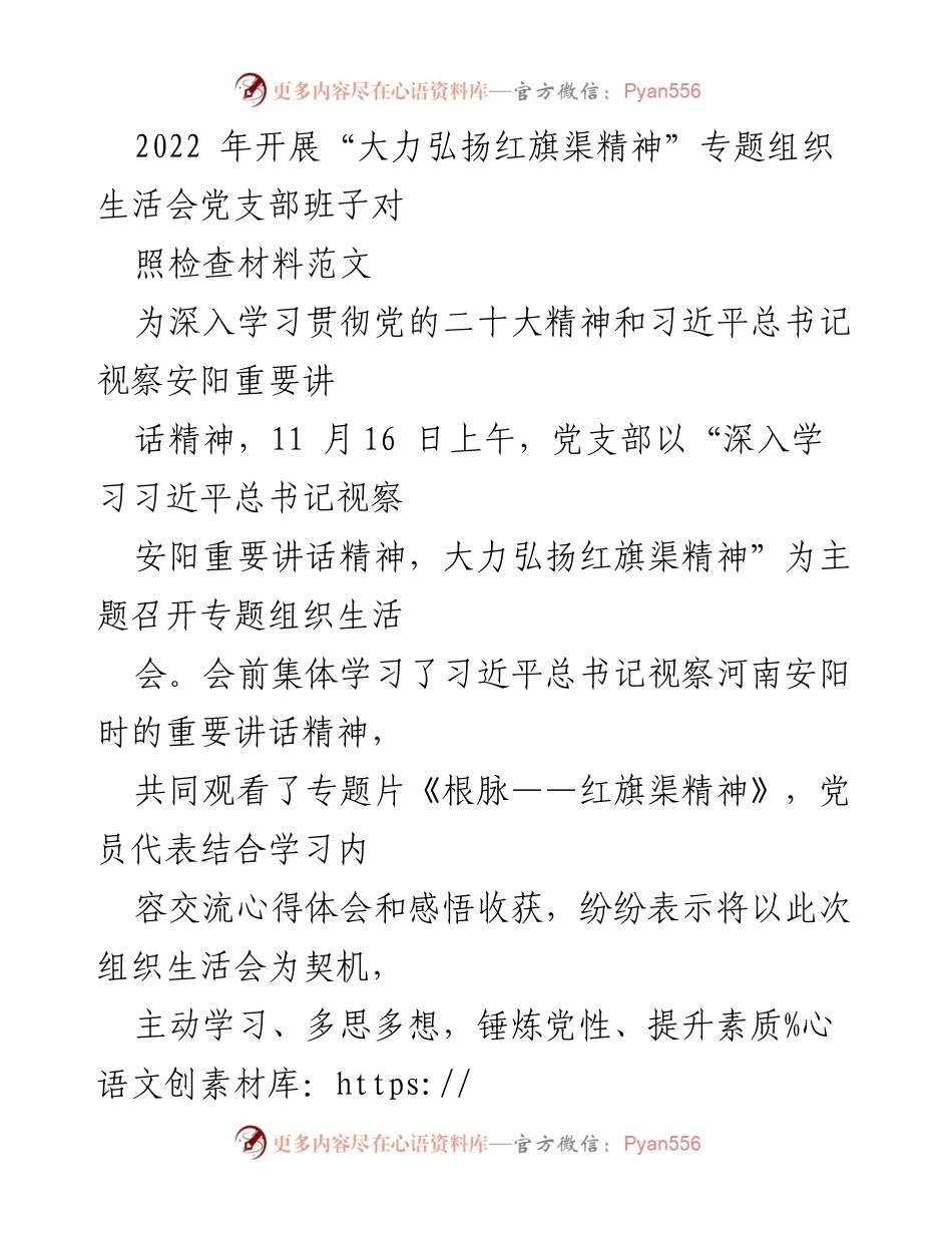 [发言] 党支部专题组织生活会 - 深入学习红旗渠精神，提升党员理论素养.docx_第1页