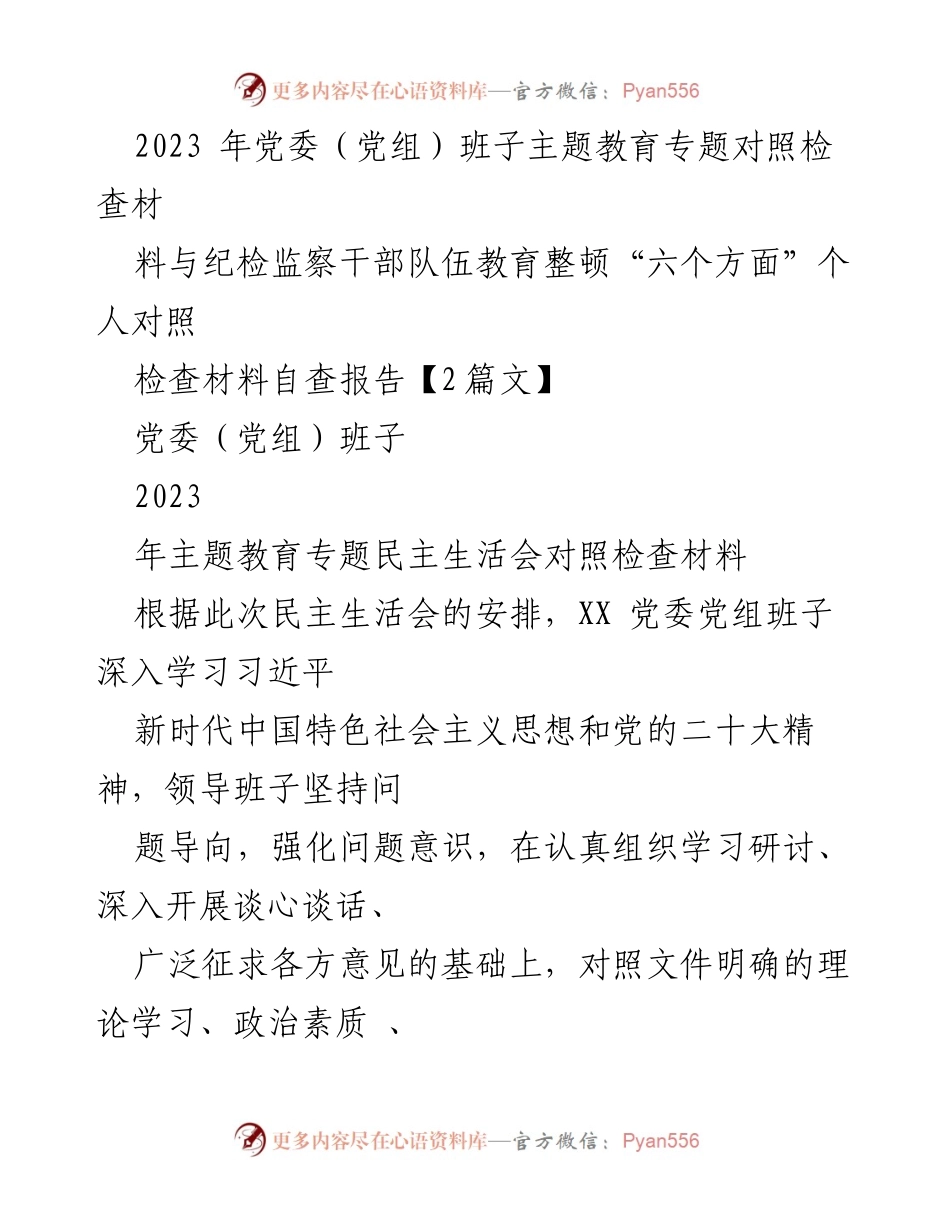 [发言] 党委（党组）班子民主生活会 - 2023年主题教育专题对照检查报告与问题剖析.docx_第1页