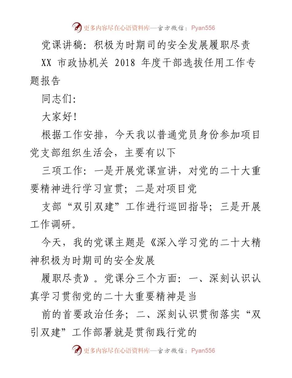 [发言] 党支部组织生活会 - 深入学习党的二十大精神，积极履职推动安全发展.docx_第1页