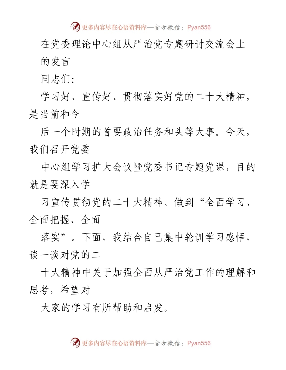 [发言] 党委理论中心组从严治党专题研讨交流会 - 深入学习贯彻党的二十大精神，践行全面从严治党责任.docx_第1页