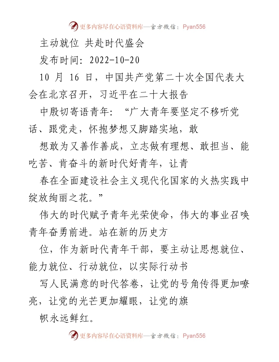 [发言] 党的二十大 - 青年干部的使命与担当.docx_第1页