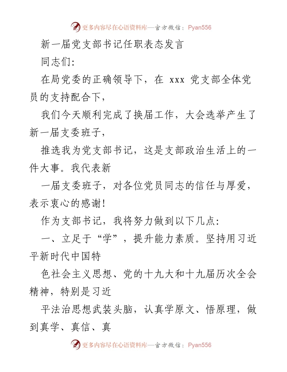 [发言] 党支部换届大会 - 新任党支部书记的表态发言.docx_第1页