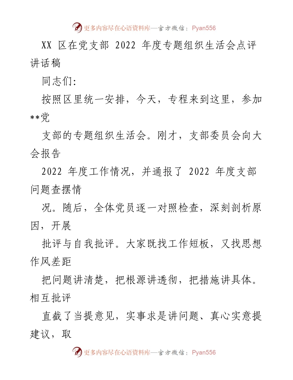 [发言] 党支部专题组织生活会 - 2022年度党支部专题组织生活会点评与整改建议.docx_第1页