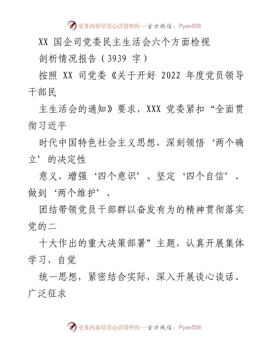 [发言] 党委民主生活会 - XX 国企司党委民主生活会检视与整改情况报告.docx_第1页