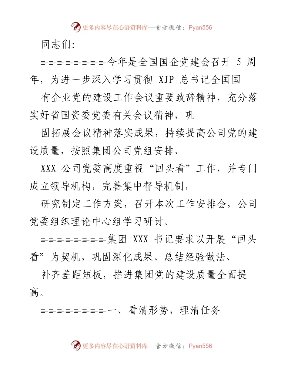 [发言] 党建工作安排会 - 深入推进国企党建“回头看”工作动员会.docx_第1页