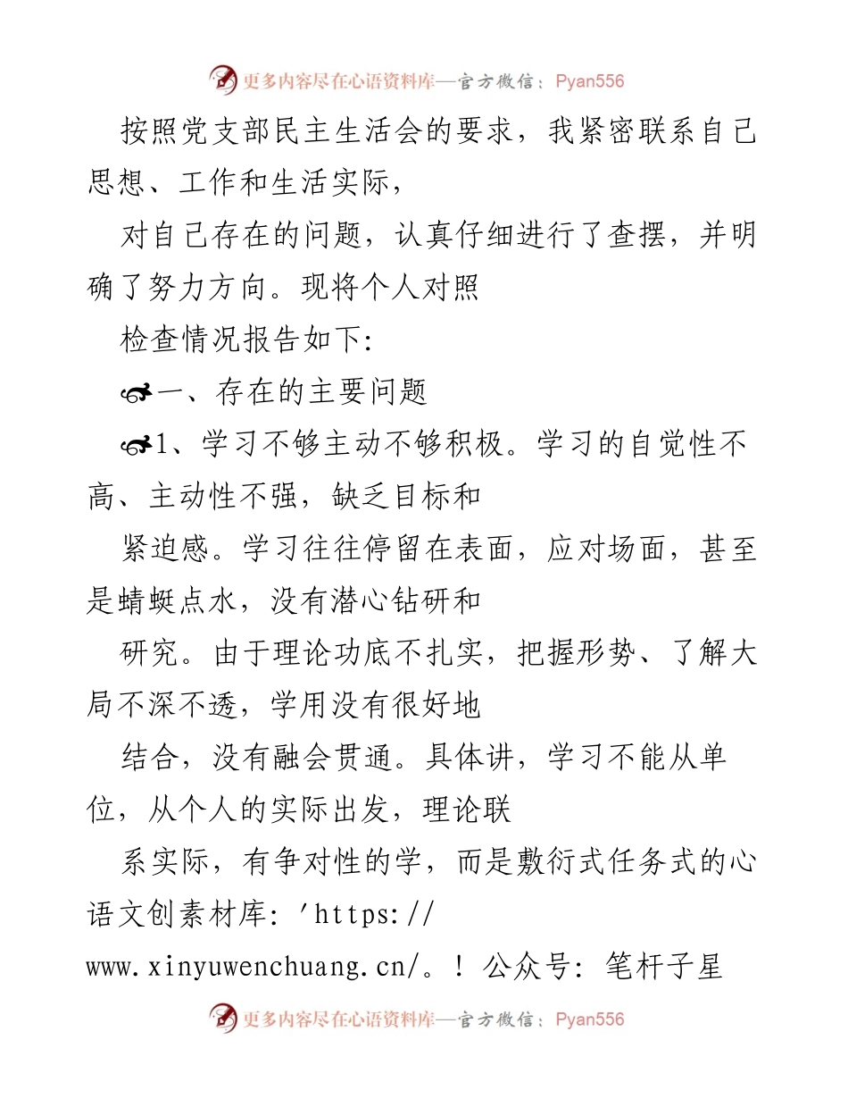 [发言] 党支部民主生活会 - 个人对照检查情况报告.docx_第1页