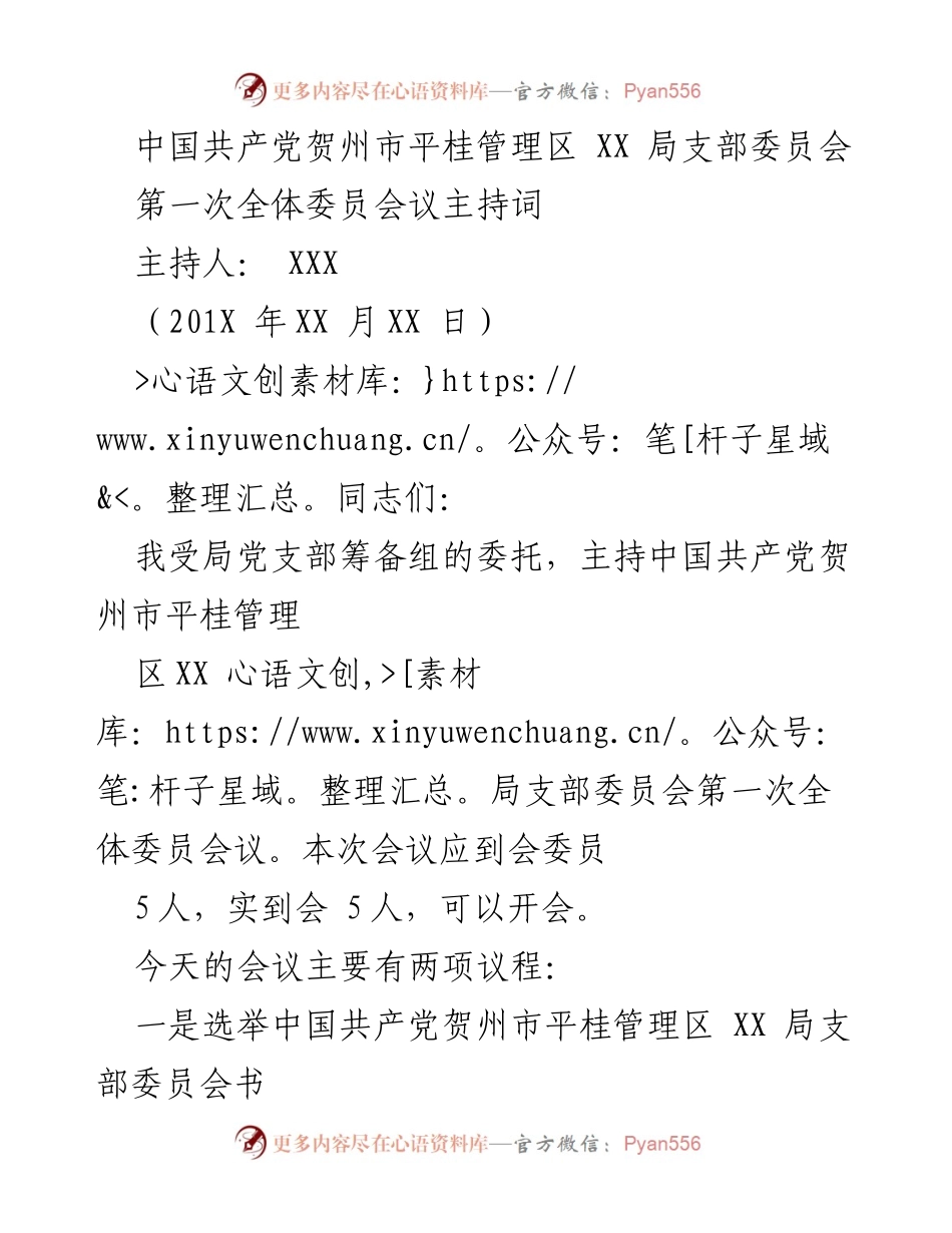 [发言] 党支部全体委员会议 - 中国共产党贺州市平桂管理区XX局支部委员会第一次全体委员会议主持词.docx_第1页
