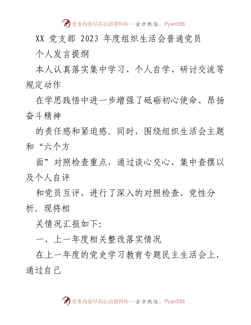 [发言] 党支部年度组织生活会 - 个人发言提纲与党性分析报告.docx_第1页