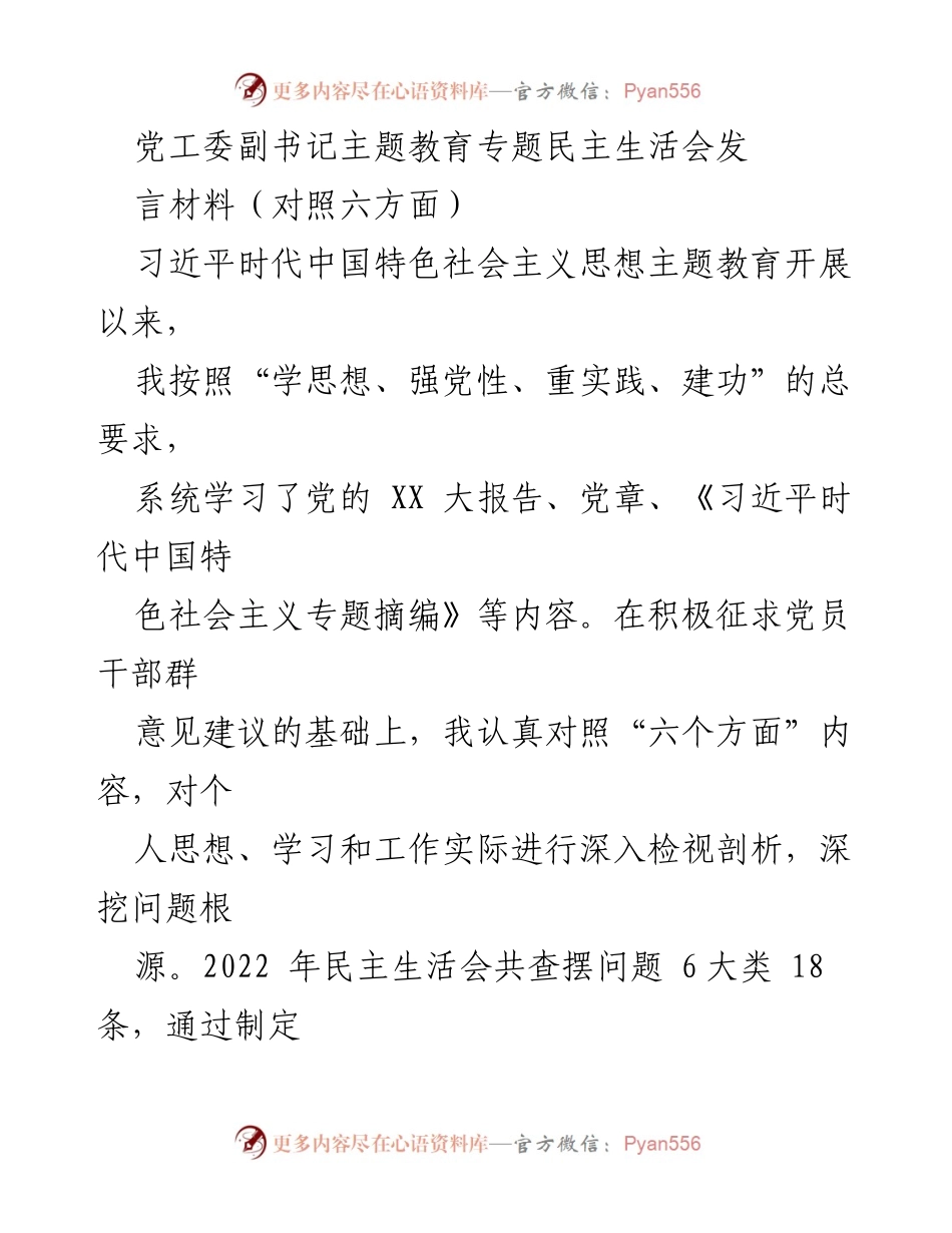 [发言] 党工委副书记主题教育专题民主生活会 - 深入检视与整改：加强学习贯彻习近平新时代中国特色社会主义思想的反思与提升.docx_第1页