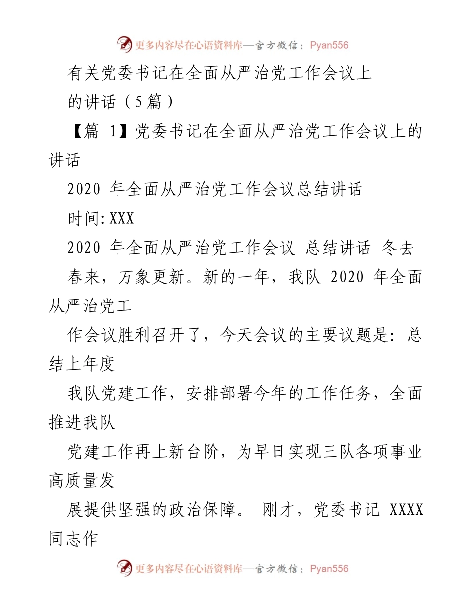 [发言] 党委书记全面从严治党工作会议 - 贯彻全面从严治党精神，推动高质量发展.docx_第1页
