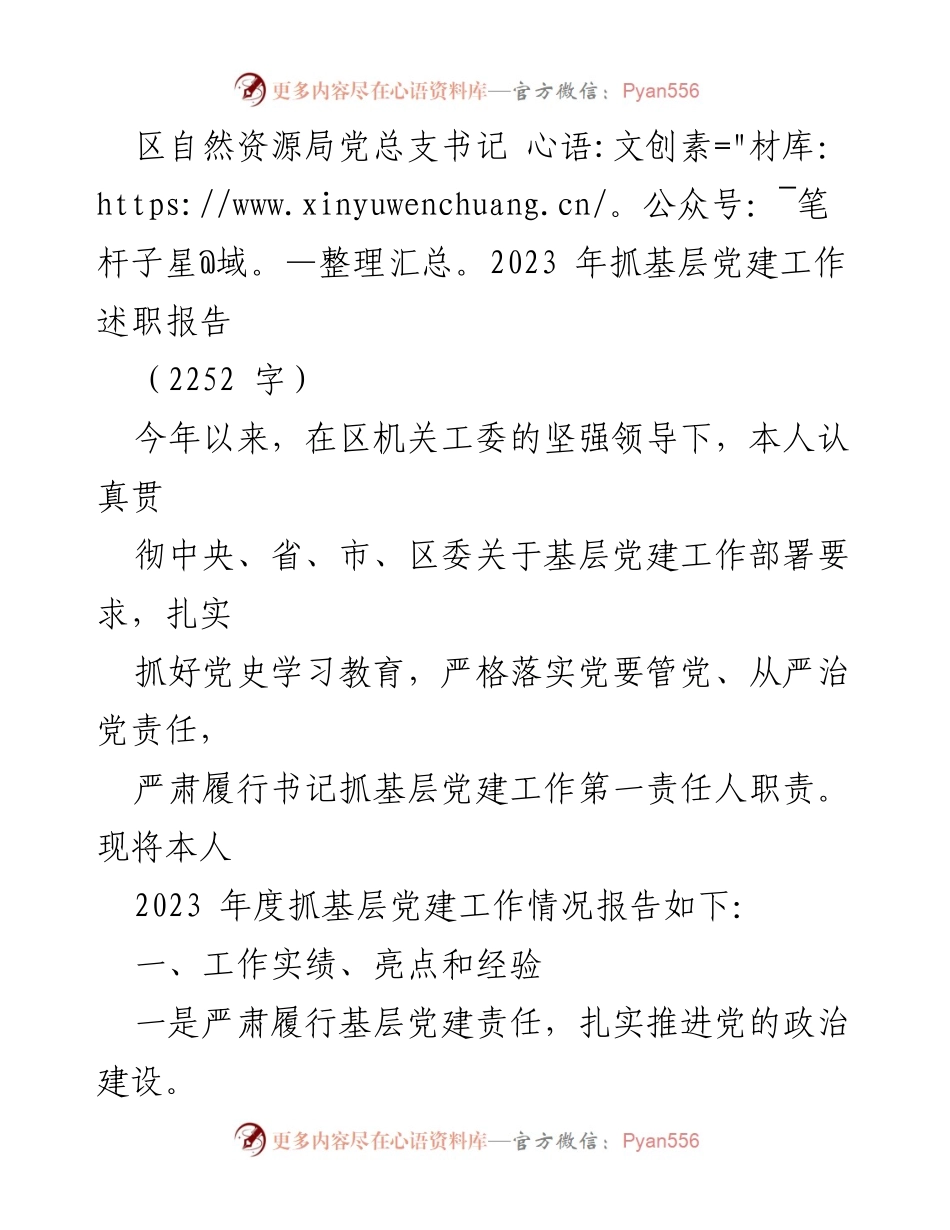 [发言] 党建工作述职 - 2023年度区自然资源局党建工作述职报告.docx_第1页