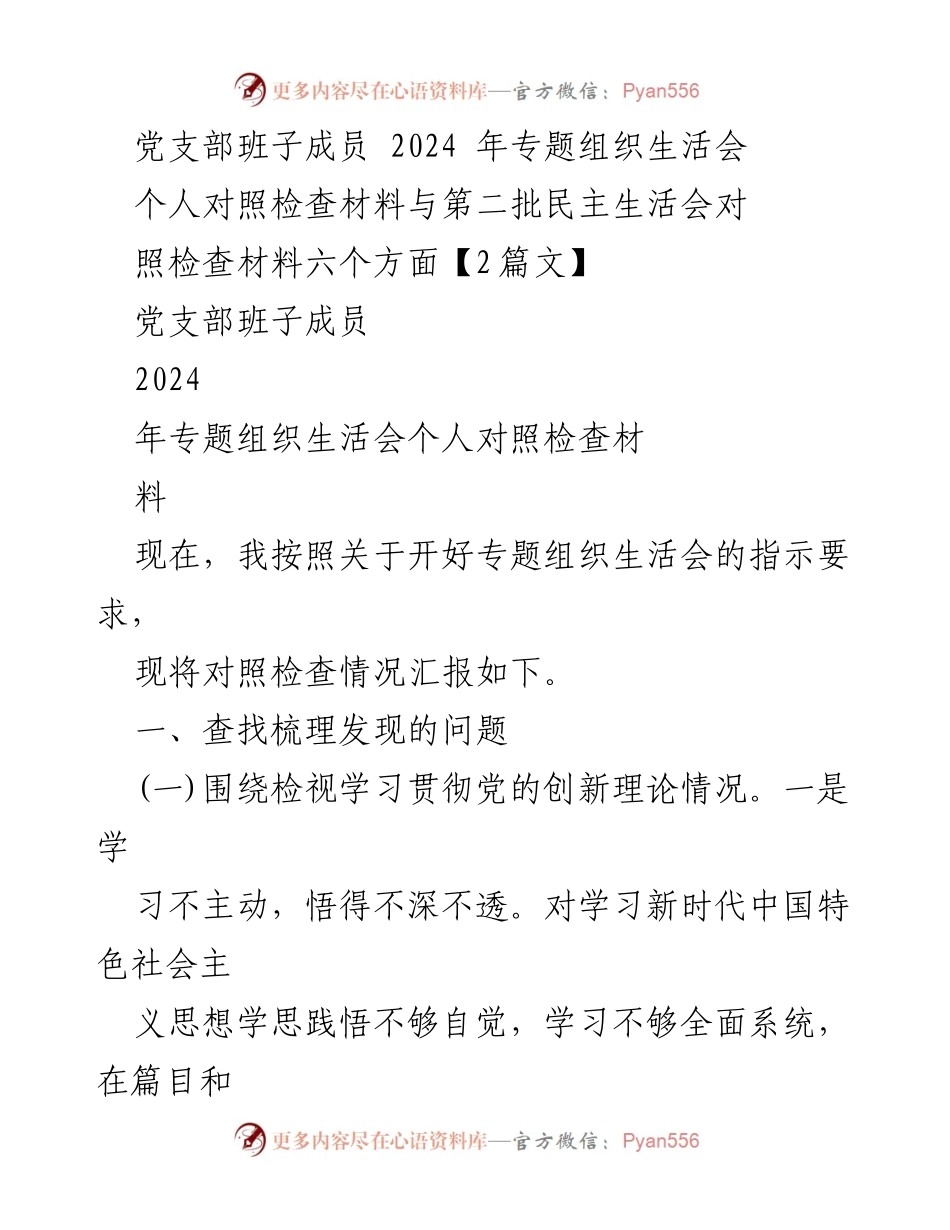 [发言] 党支部专题组织生活会 - 2024年党支部班子成员对照检查材料汇报.docx_第1页