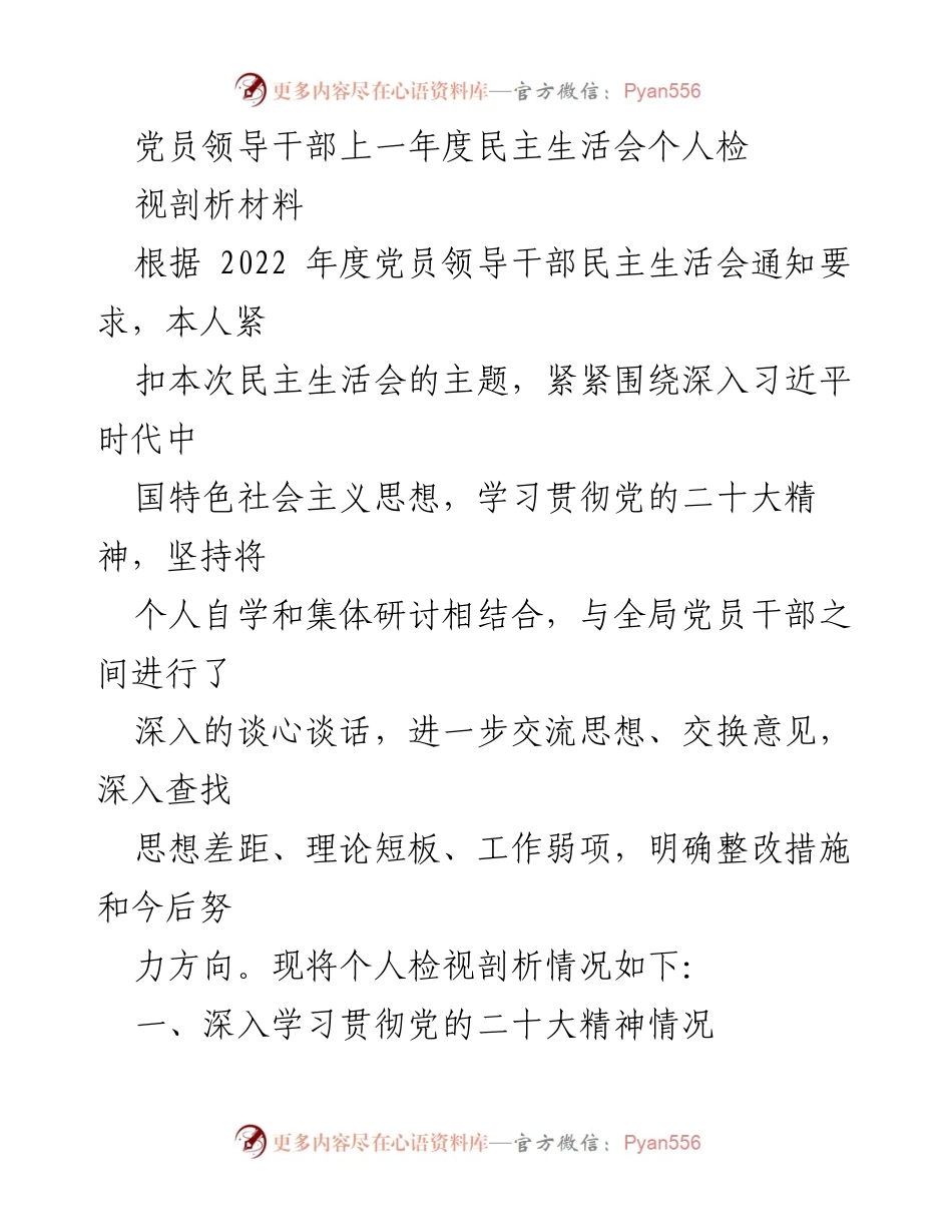 [发言] 党员领导干部民主生活会 - 党员领导干部年度民主生活会个人检视剖析材料.docx_第1页