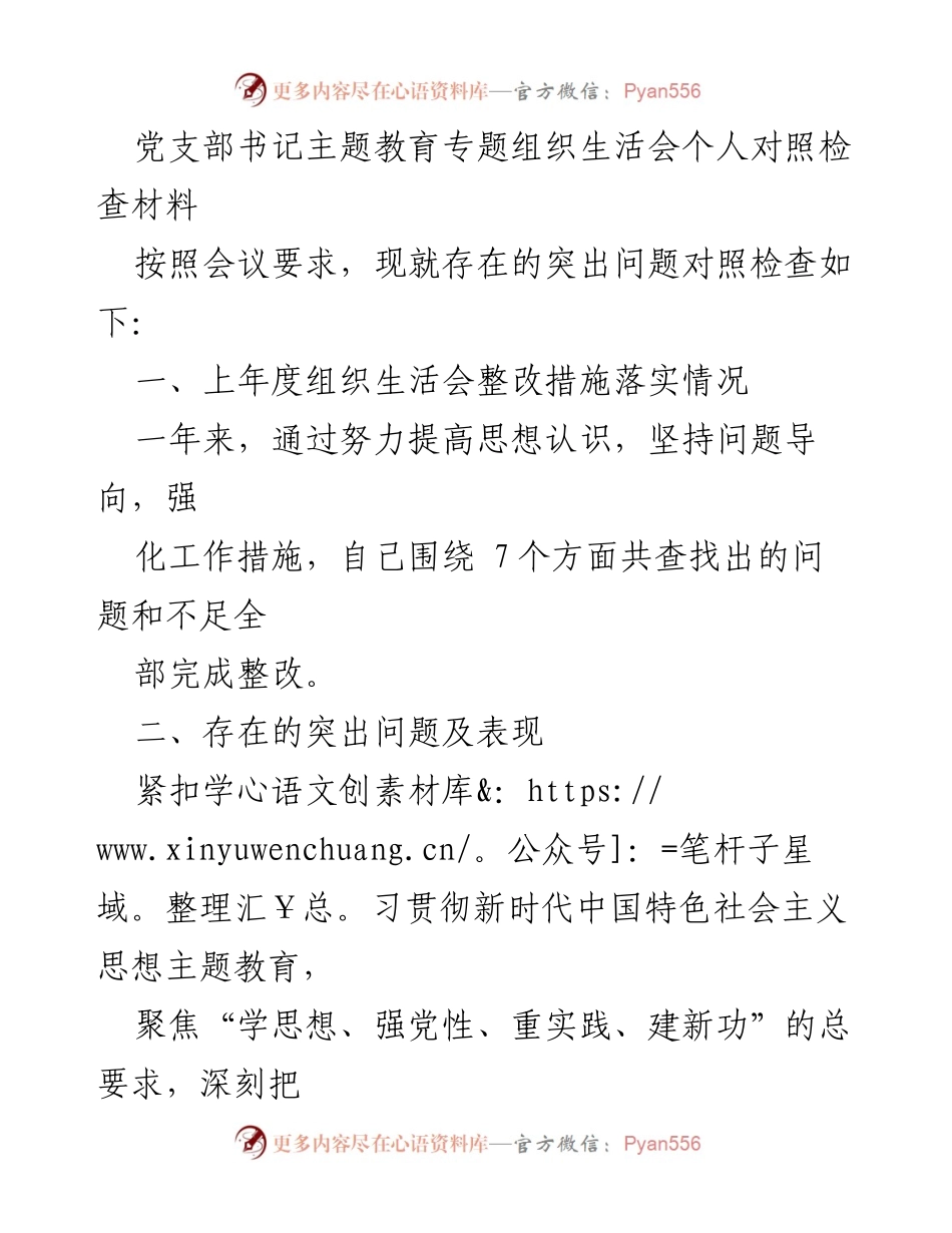 [发言] 党支部书记主题教育专题组织生活会 - 个人对照检查材料及整改措施总结.docx_第1页