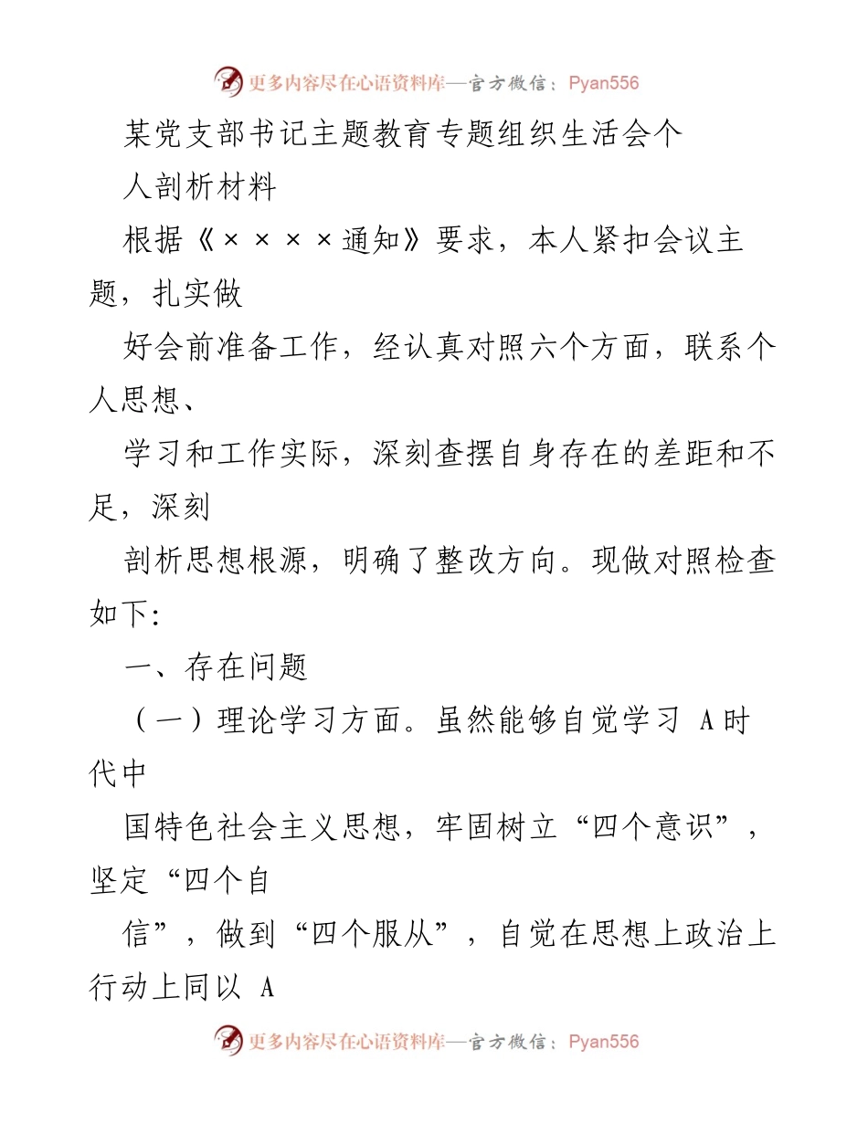 [发言] 党支部专题组织生活会 - 个人剖析与整改方向总结.docx_第1页