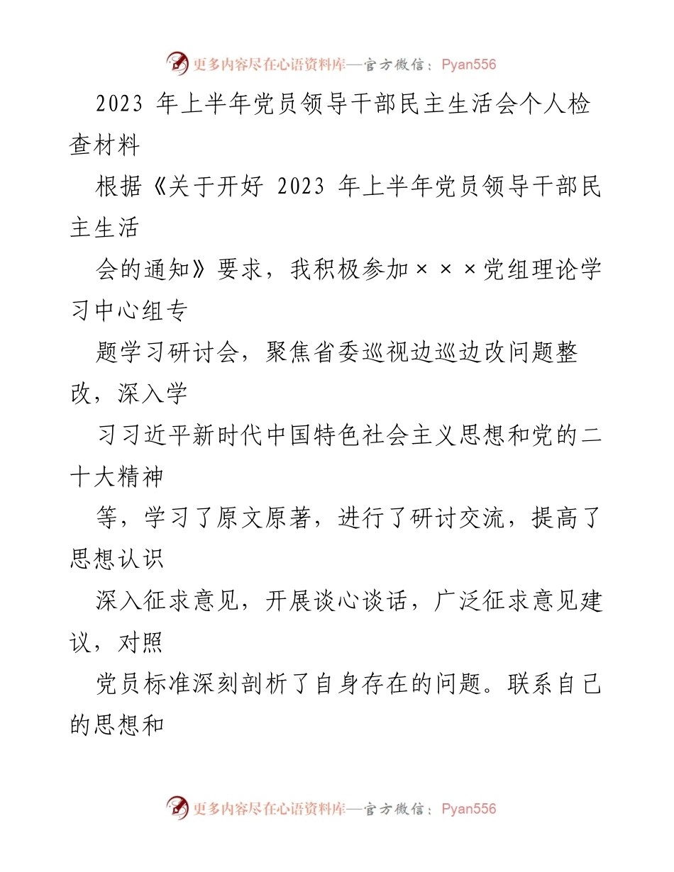 [发言] 党员领导干部民主生活会 - 2023年上半年党员领导干部民主生活会个人检查与整改报告.docx_第1页