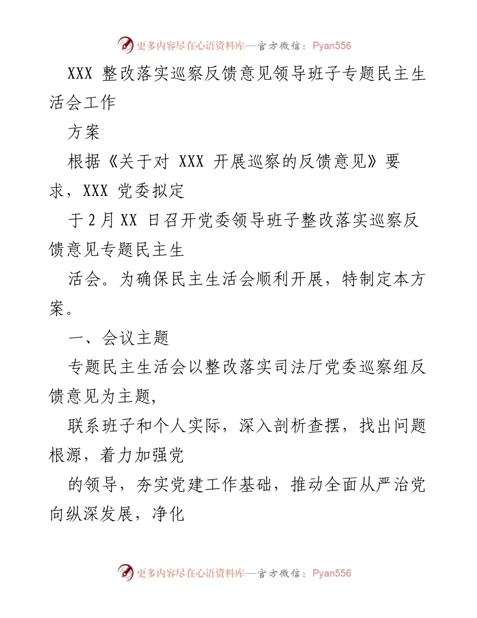 [发言] 党委领导班子民主生活会 - 专题民主生活会工作方案及整改落实措施.docx_第1页