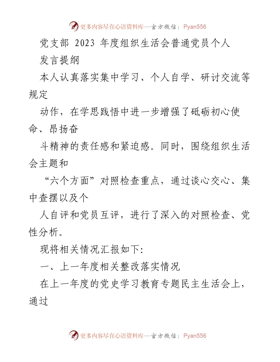 [发言] 党支部年度组织生活会 - 个人发言提纲与党性分析报告_1.docx_第1页
